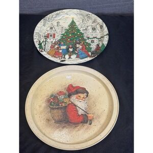 Two Vintage Santa And Tree Christmas Tray 1986 Polpourri Press Made in Hong Kong